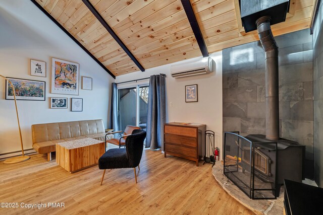 living area featuring lofted ceiling with beams, a wood stove, a wall mounted AC, wooden ceiling, and light wood-type flooring