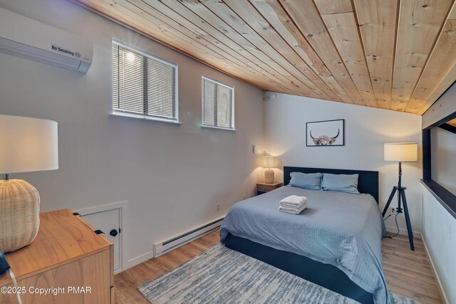 bedroom featuring wood ceiling, a baseboard radiator, light hardwood / wood-style floors, and an AC wall unit