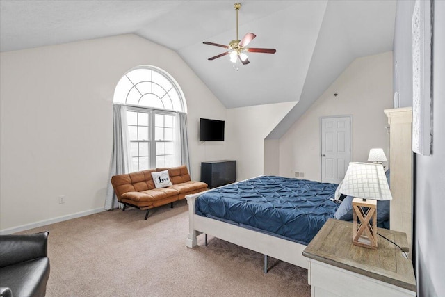 bedroom with baseboards, a ceiling fan, vaulted ceiling, and carpet floors