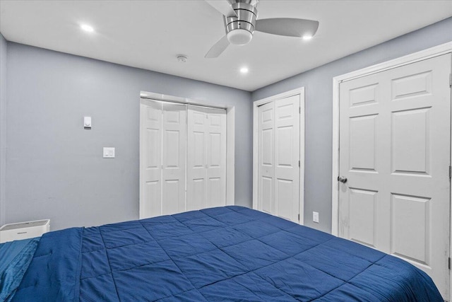 bedroom with ceiling fan and recessed lighting