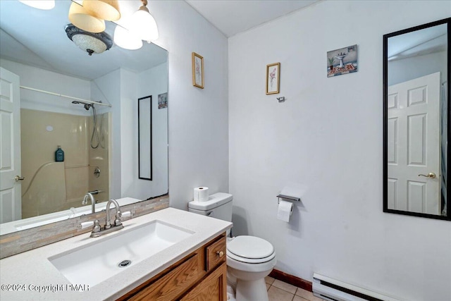 full bathroom featuring a shower, a baseboard radiator, toilet, vanity, and tile patterned floors