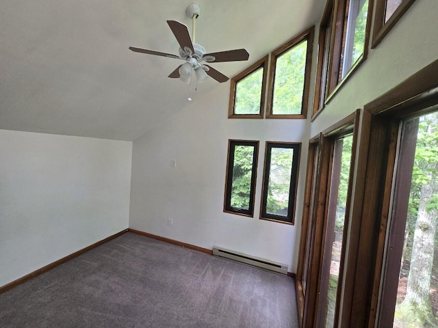 3221 Windermere Dr, Bushkill, PA 18324 - additional living space with a baseboard heating unit, vaulted ceiling, carpet flooring, and a ceiling fan