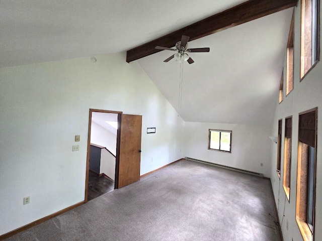 3221 Windermere Dr, Bushkill, PA 18324 - unfurnished living room featuring a baseboard heating unit, carpet, a ceiling fan, beamed ceiling, and high vaulted ceiling