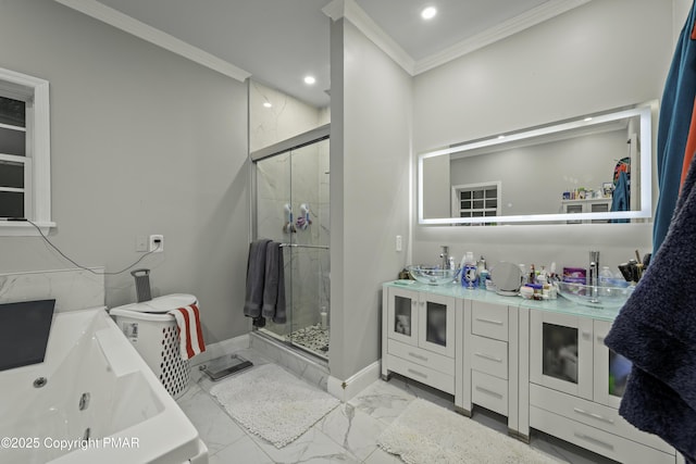 bathroom featuring crown molding, vanity, and plus walk in shower