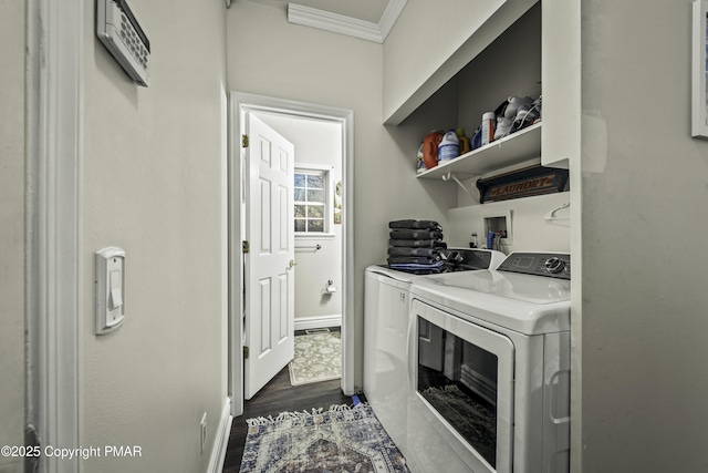 laundry area with dark wood-type flooring, washer and clothes dryer, and ornamental molding