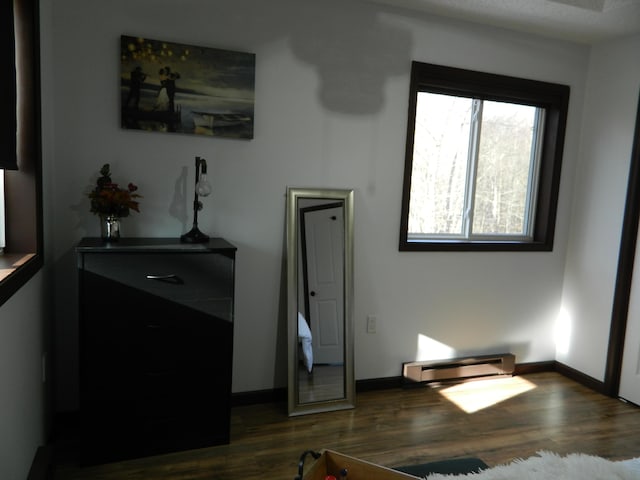 7086 Boulder Ct, Tobyhanna, PA 18466 - living room featuring a baseboard radiator, dark wood-type flooring, and baseboards