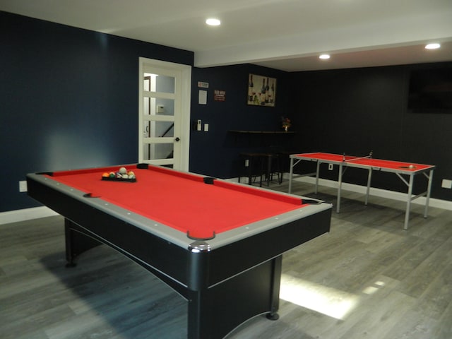 7086 Boulder Ct, Tobyhanna, PA 18466 - playroom featuring baseboards, wood finished floors, pool table, recessed lighting, and beamed ceiling
