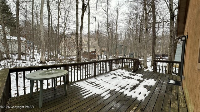 view of snow covered deck