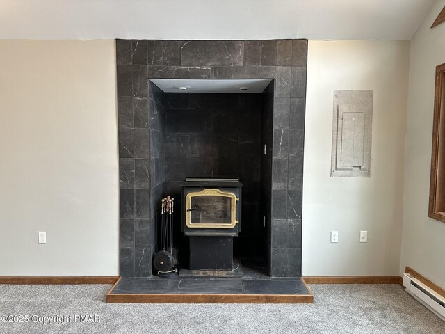 details with baseboard heating, carpet floors, and a wood stove