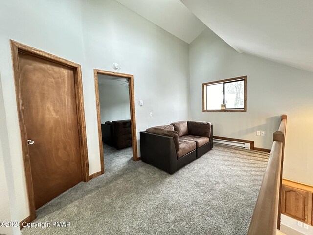 living room with light colored carpet, high vaulted ceiling, and baseboard heating