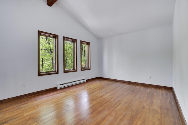 8210 Pine Grove Dr, East Stroudsburg, PA 18301 - empty room featuring a baseboard radiator, light wood-style floors, beam ceiling, baseboards, and high vaulted ceiling