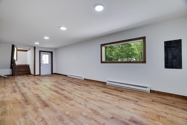 8210 Pine Grove Dr, East Stroudsburg, PA 18301 - unfurnished living room with a baseboard radiator, light wood-style flooring, stairs, and recessed lighting