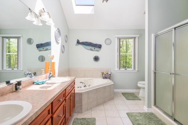 bathroom featuring a skylight, plenty of natural light, tile patterned floors, and a shower with door