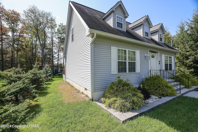 cape cod home with a front lawn and crawl space