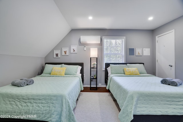 bedroom with lofted ceiling, a wall mounted AC, baseboards, and recessed lighting