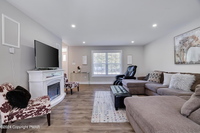 living room featuring a fireplace, baseboards, wood finished floors, and recessed lighting