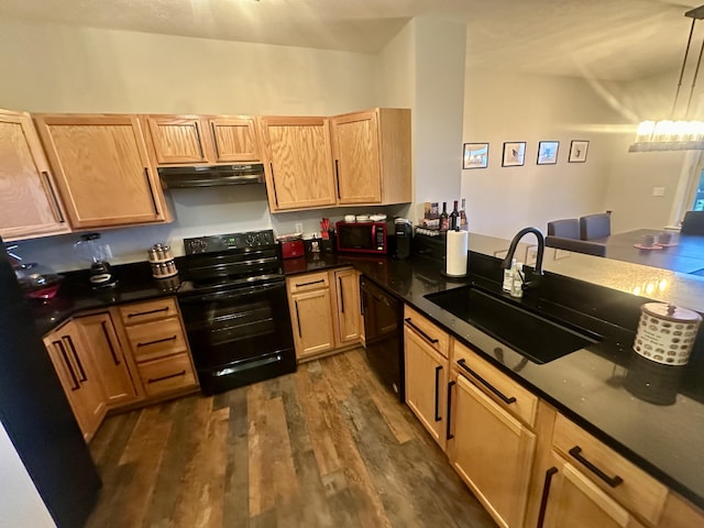 376 Linden Ct Unit 376, Tannersville, PA 18372 - kitchen with black appliances, under cabinet range hood, a sink, dark countertops, and dark wood-type flooring