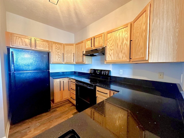 376 Linden Ct Unit 376, Tannersville, PA 18372 - kitchen with black appliances, under cabinet range hood, light brown cabinets, wood finished floors, and a textured ceiling
