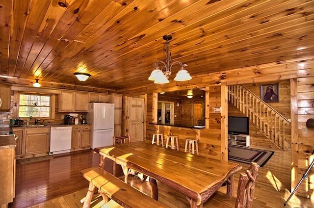 dining area with dark wood-style floors, wood ceiling, stairway, wood walls, and a notable chandelier