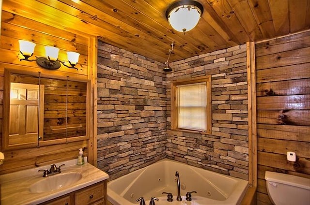 bathroom with toilet, wood ceiling, and vanity