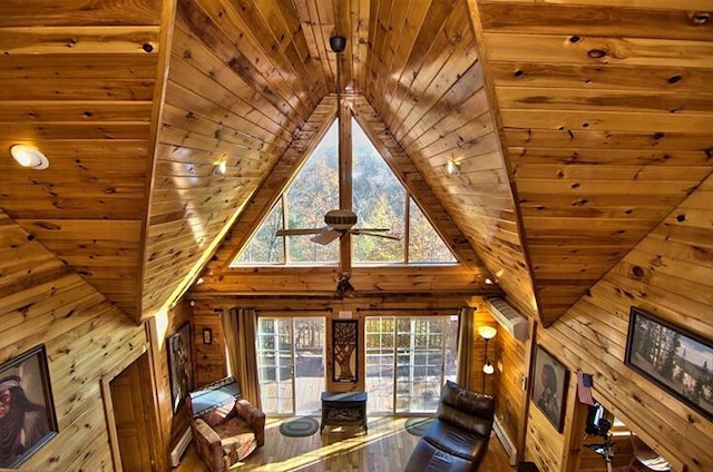 unfurnished living room with high vaulted ceiling, wooden ceiling, wooden walls, and wood finished floors