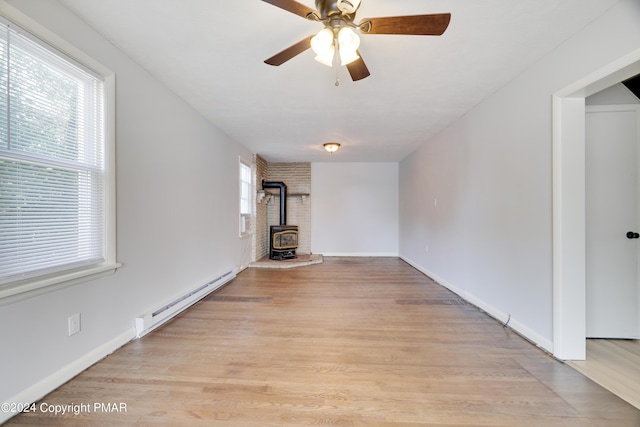 413 Old Rte 940, Pocono Pines, PA 18350 - unfurnished living room featuring a baseboard heating unit, a wood stove, a ceiling fan, light wood-type flooring, and baseboards