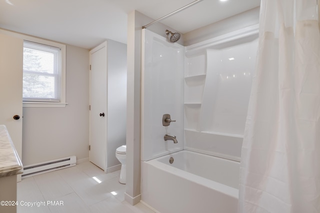 413 Old Rte 940, Pocono Pines, PA 18350 - bathroom with a baseboard heating unit, toilet, tile patterned flooring, shower / bath combination with curtain, and baseboards