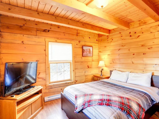 bedroom featuring wood walls, beamed ceiling, light wood-type flooring, and wooden ceiling