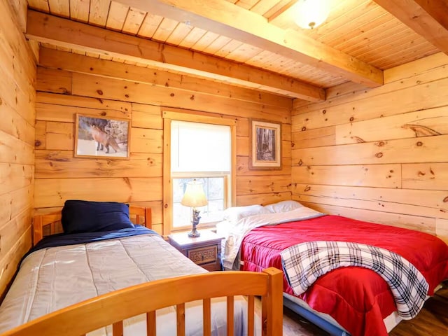 bedroom with wood walls, wood ceiling, beamed ceiling, and wood finished floors