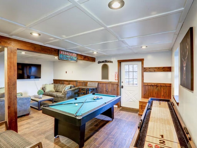 game room featuring wainscoting, wood finished floors, pool table, wood walls, and recessed lighting