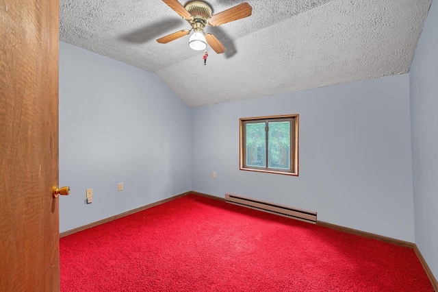 1117 Belaire Dr, East Stroudsburg, PA 18301 - spare room featuring a baseboard heating unit, a textured ceiling, lofted ceiling, carpet, and a ceiling fan