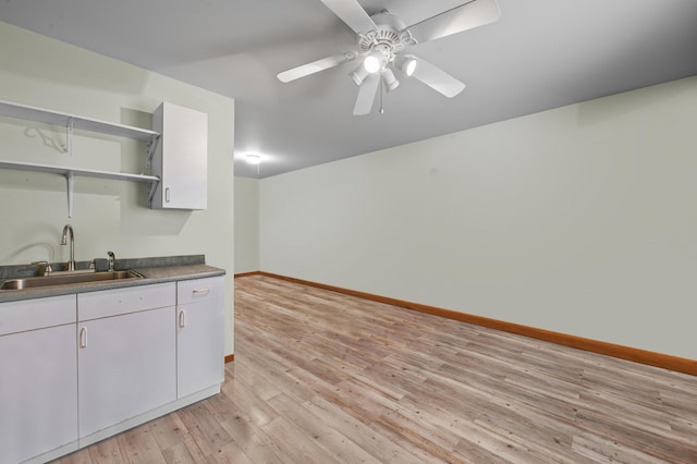 1117 Belaire Dr, East Stroudsburg, PA 18301 - kitchen with open shelves, light wood-style flooring, white cabinetry, and a ceiling fan