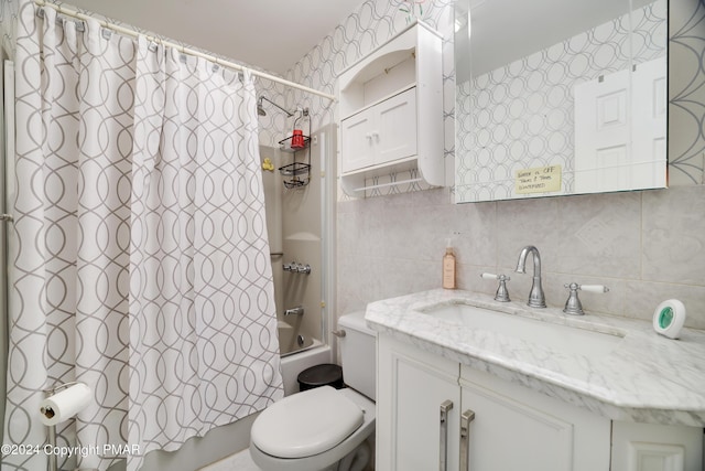 bathroom featuring shower / tub combo with curtain, tile walls, tasteful backsplash, toilet, and vanity