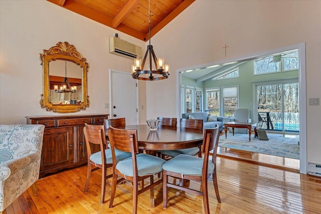 dining area featuring a wall unit AC, an inviting chandelier, wood ceiling, light wood-style floors, and beamed ceiling