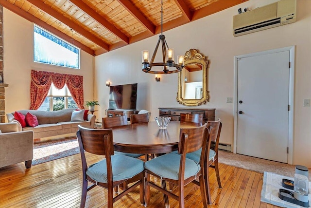 dining room with a wall mounted AC, wood ceiling, light wood-style flooring, beamed ceiling, and an inviting chandelier