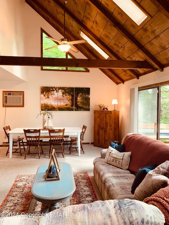 133 N Eastwood Dr, Greentown, PA 18426 - carpeted living area featuring wood ceiling, an AC wall unit, beam ceiling, and high vaulted ceiling