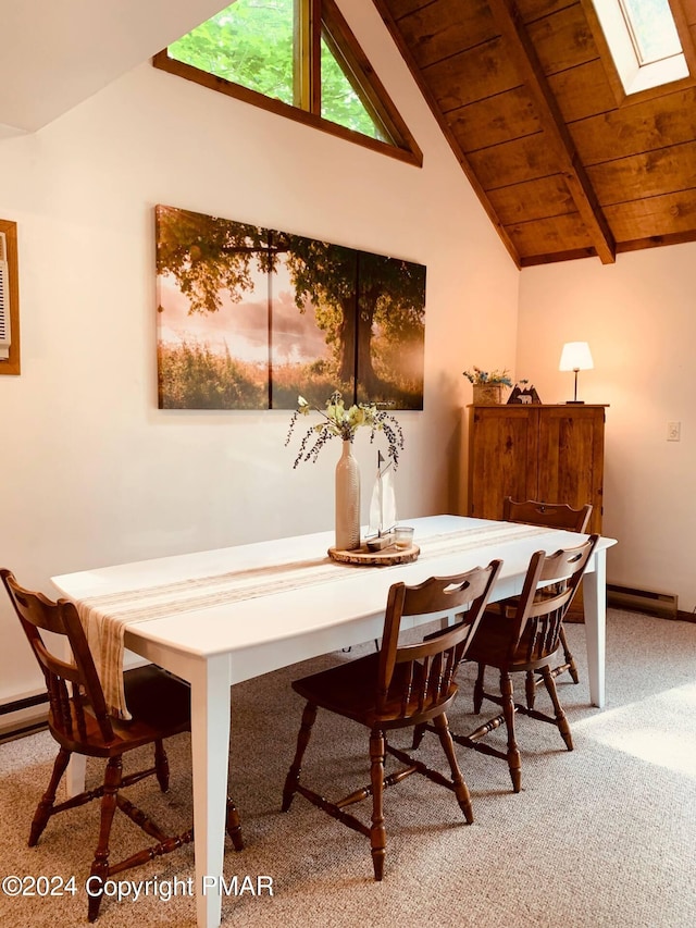 133 N Eastwood Dr, Greentown, PA 18426 - dining space featuring wooden ceiling, light carpet, beamed ceiling, a skylight, and high vaulted ceiling