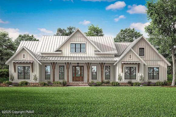 modern farmhouse style home with board and batten siding and a standing seam roof