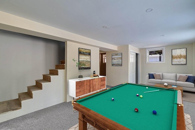 recreation room with billiards and carpet flooring