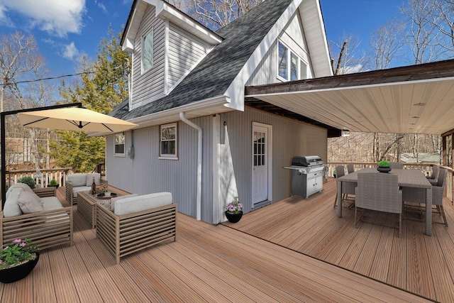 deck with an outdoor living space, outdoor dining area, and a grill