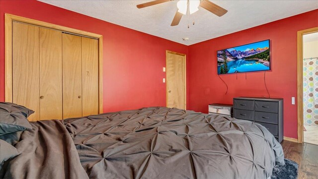 838 Cayuga Way, Stroudsburg, PA 18360 - bedroom with wood finished floors, a closet, ceiling fan, and a textured ceiling