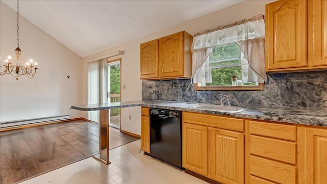 838 Cayuga Way, Stroudsburg, PA 18360 - kitchen with dishwasher, a baseboard radiator, vaulted ceiling, a chandelier, and backsplash