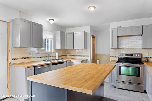 2247 Reo Dr, Effort, PA 18330 - kitchen with wood counters, stainless steel appliances, gray cabinetry, and tasteful backsplash