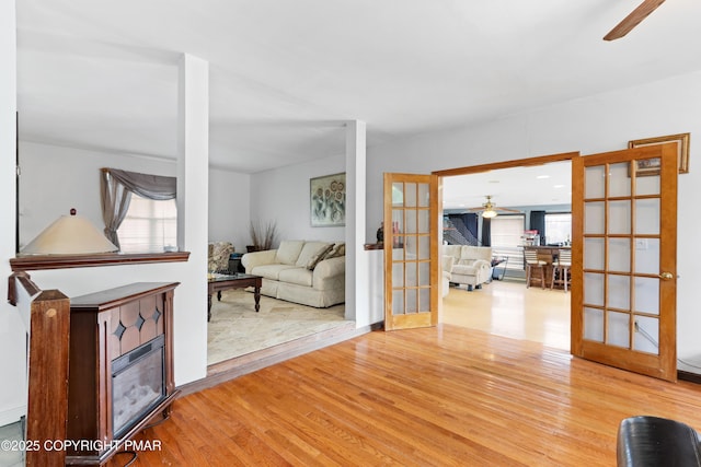 2247 Reo Dr, Effort, PA 18330 - living room with a ceiling fan, french doors, wood finished floors, and a glass covered fireplace