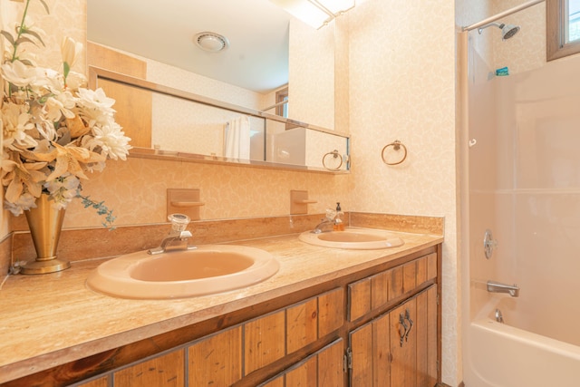 65 Maplewood Rd, Lake Harmony, PA 18624 - full bath featuring double vanity, shower / washtub combination, and wallpapered walls