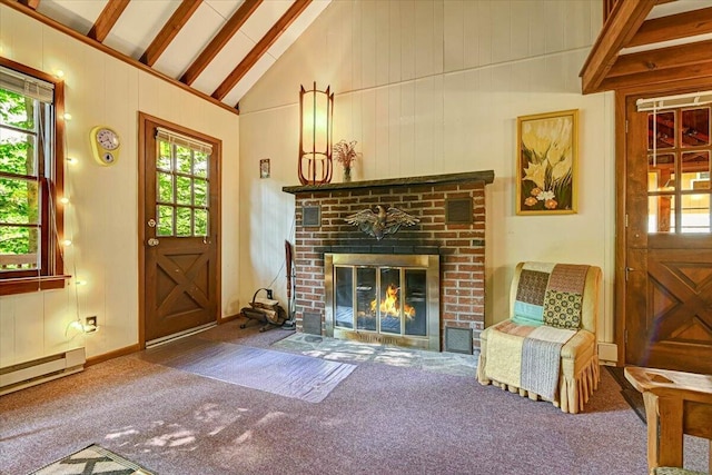 living area featuring a fireplace, beam ceiling, high vaulted ceiling, carpet flooring, and a baseboard heating unit