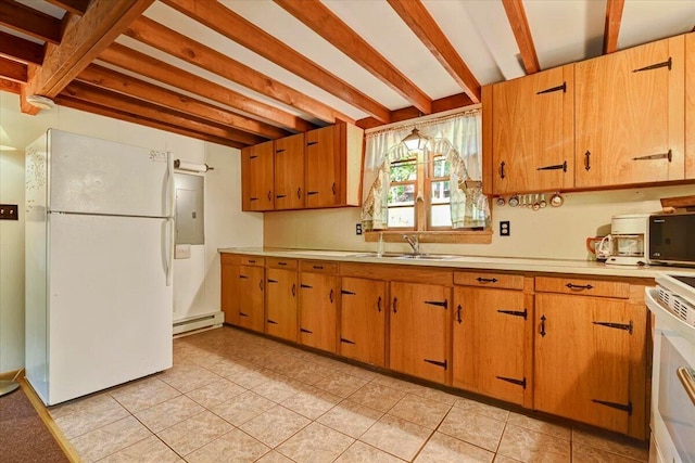 kitchen featuring a sink, light countertops, white appliances, beamed ceiling, and a baseboard heating unit