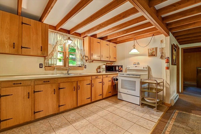 kitchen featuring a sink, light countertops, beamed ceiling, black microwave, and electric range