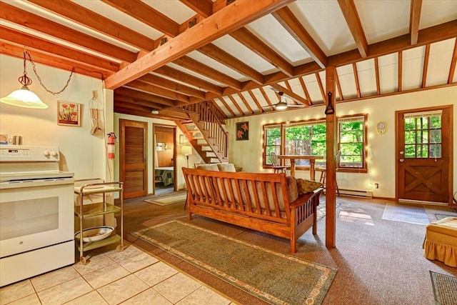 bedroom featuring beam ceiling and light tile patterned flooring