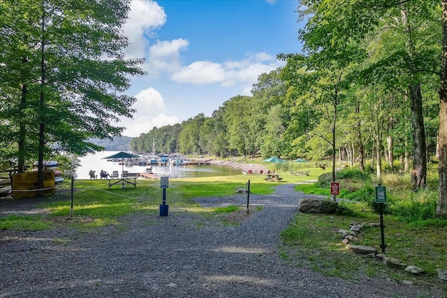 view of community with a yard, a forest view, and a water view